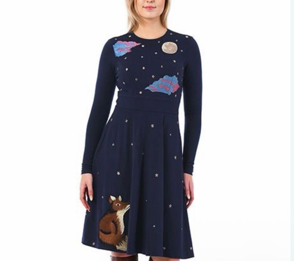 eShakti Midi Dress Womens XS Navy Fox & Moon Star Embroidered Cotton Knit